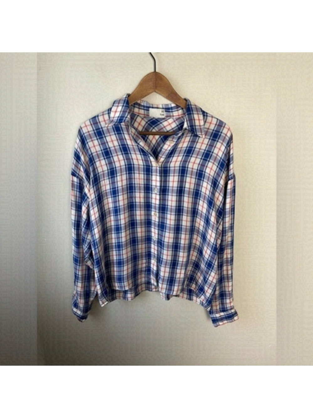 Aritzia Wilfred Free boxy blue/red plaid button up lightweight long sleeve top S